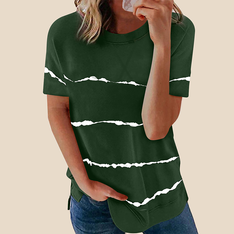 Collar Cross Stripe Print Short Sleeve T-Shirt Women's Top