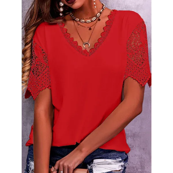 Lace Tops Women Summer Loose V Neck Short Sleeve Casual Shirts Red - Shop at LoveMi