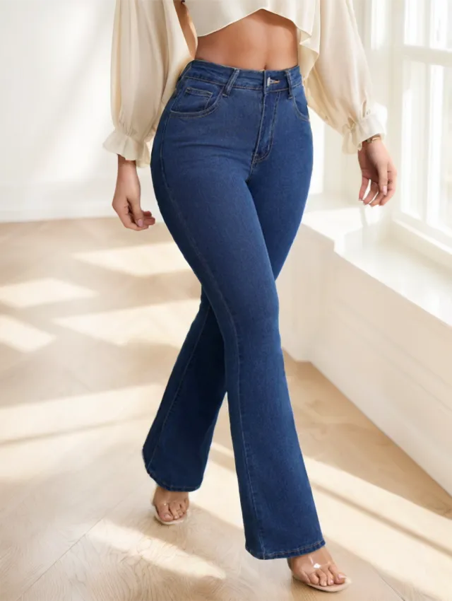 Women's Button Front Pocket Simple Design Casual Denim Long Pants Dark Blue - Shop at LoveMi