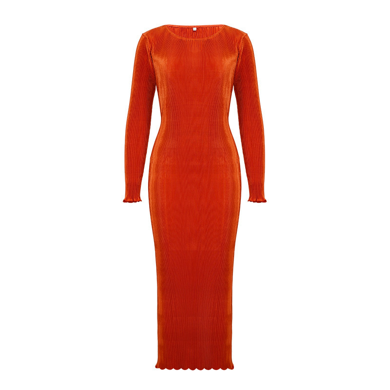 Temperament Commuter Pleated High Elastic Long Dress Orange - Shop at LoveMi