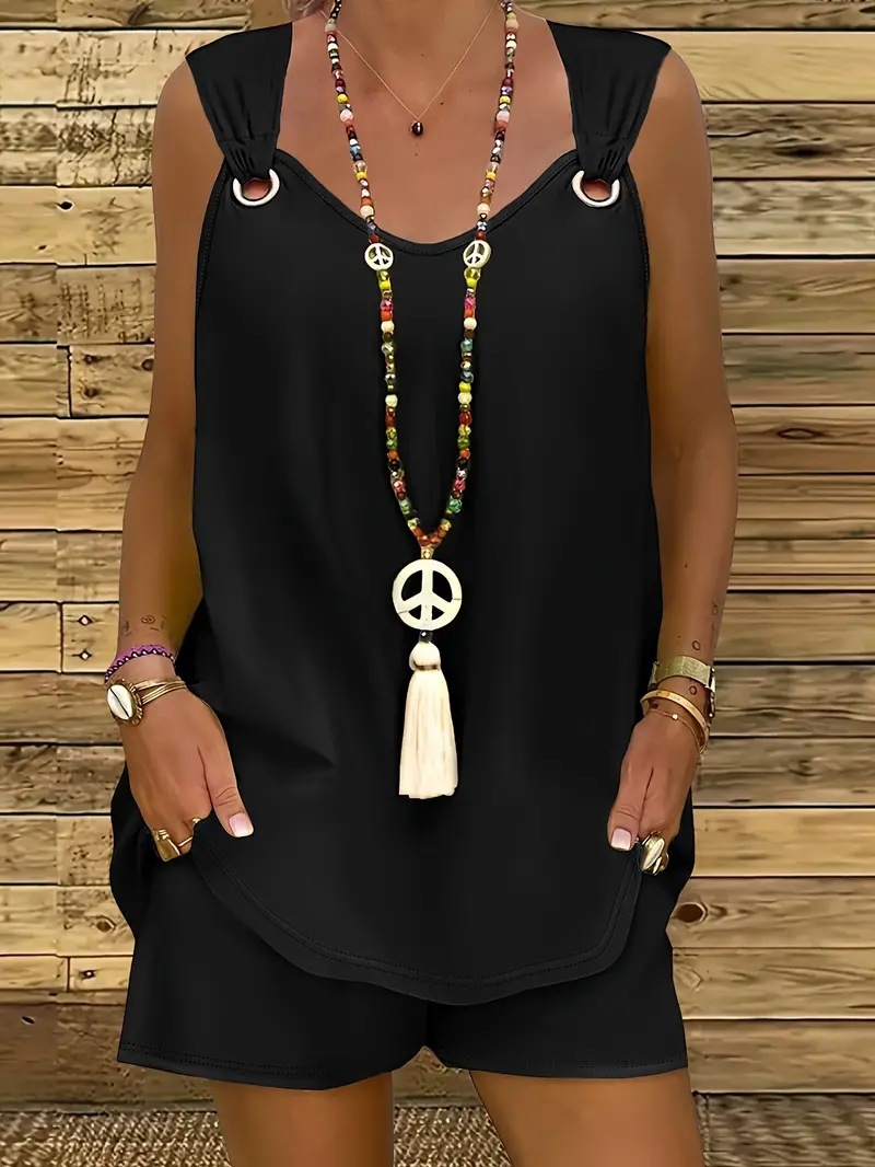 European And American Cross-border New Amazon Ebay Independent Station Round-neck Solid Color Two-piece Set Sleeveless Vest Shorts