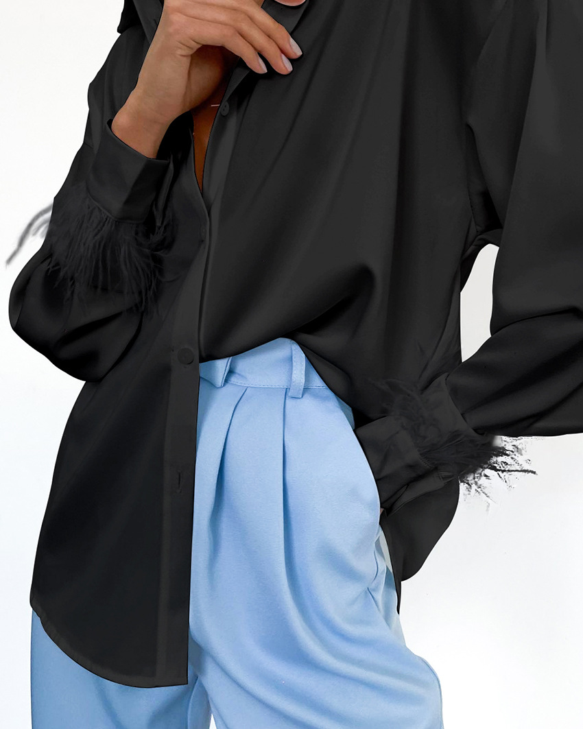 Europe And The United States Fashion Casual Shirt Hundred With Women's Ice Silk Feathers Stitching Design Sense Ostrich Feathers Black. - Shop at LoveMi