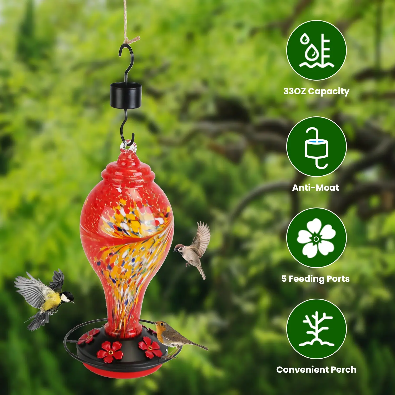Glass Hummingbird Feeder 33OZ Hand Blown