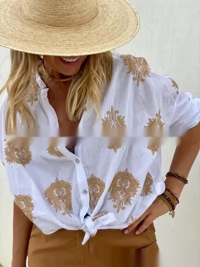 Printed Women's Long Sleeve Lapel Button Ladies Shirt White - Shop at LoveMi