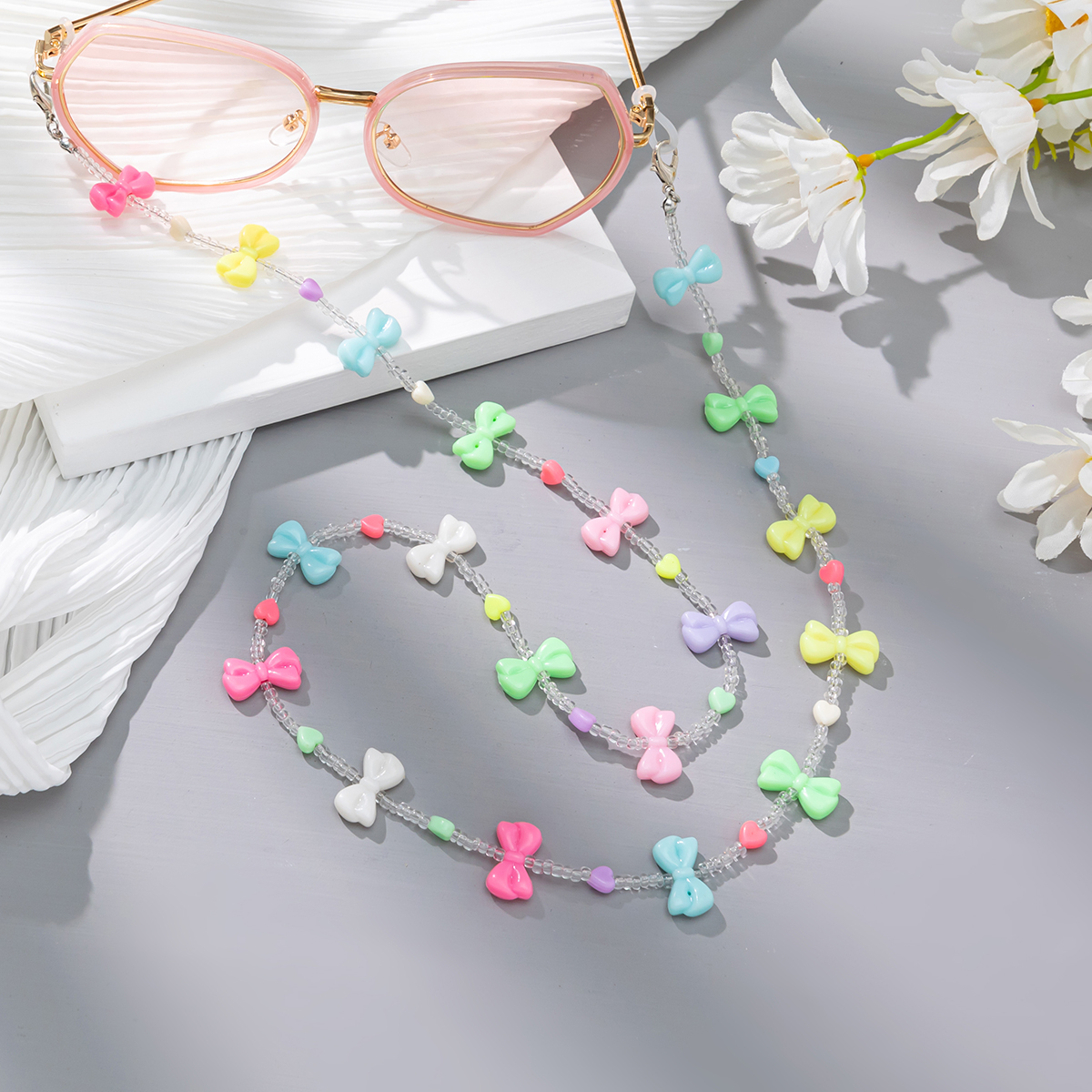 Candy-colored Acrylic Pearl Eye Pendant Chain, Butterfly Five-pointed Star Heart Neck Pendant Glasses Chain - Image 2