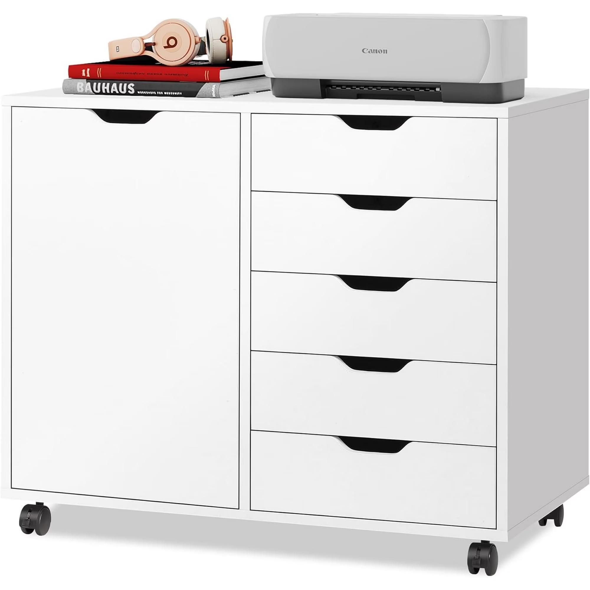 A 5-layer Wooden Filing Cabinet With Adjustable Shelves And Wheels, Suitable For Home Offices