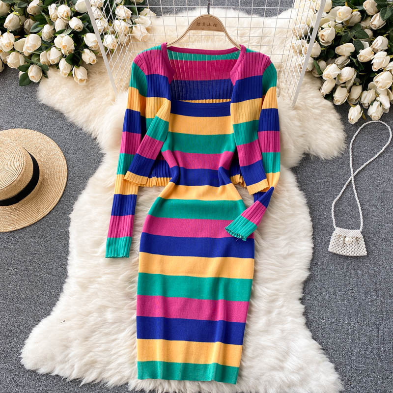 High Waist Striped Color Blocking Suspender Dress