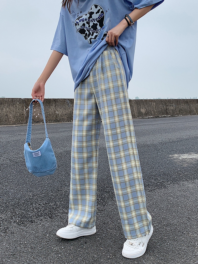 Grid Children's High Waist Drape Loose And Thin Summer Thin Straight Wide-leg Pants