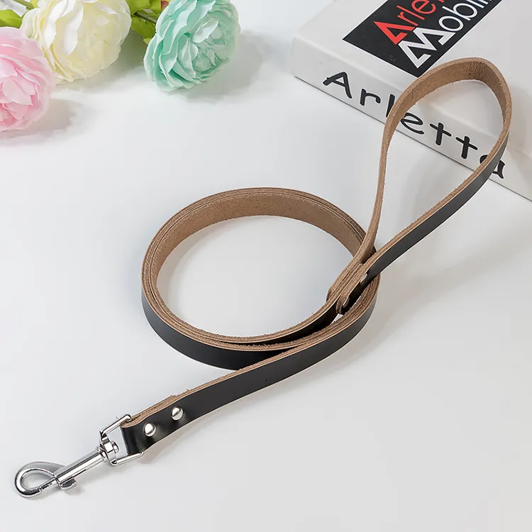 Leather Solid Color Dog Chain Leash - Black