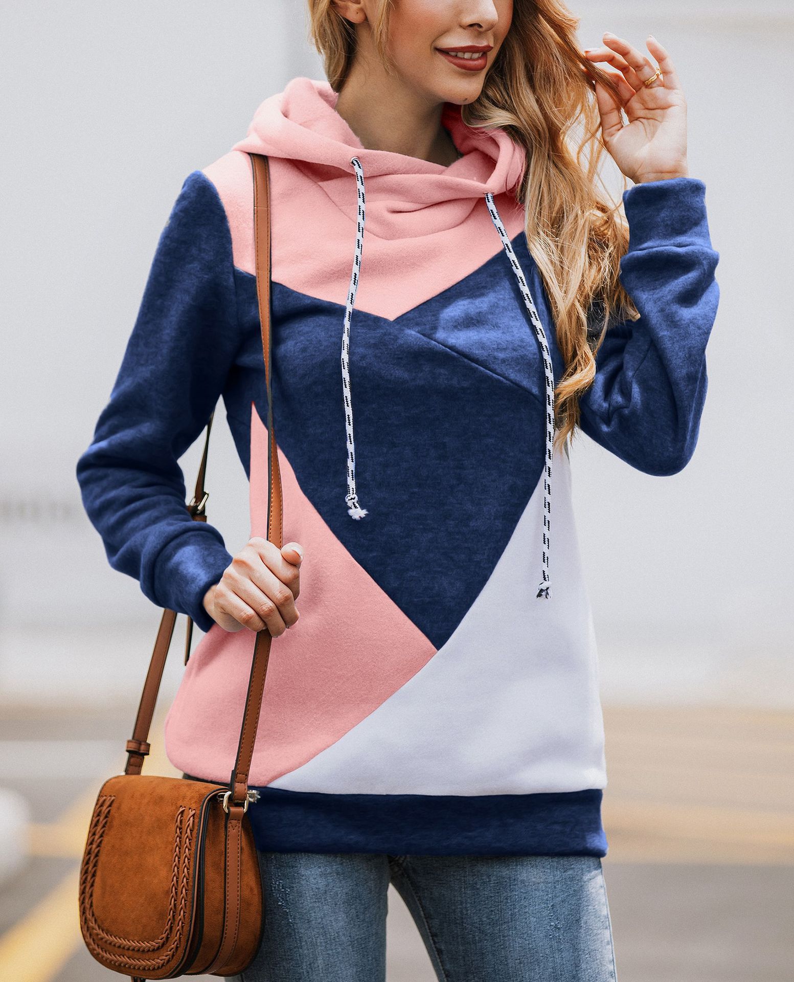 Title 4, Fashion stitching rope hooded long-sleeved blouse