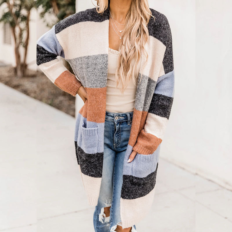 Multicolor Striped Sweater Loose Mid Length Knitted Cardigan Jacket
