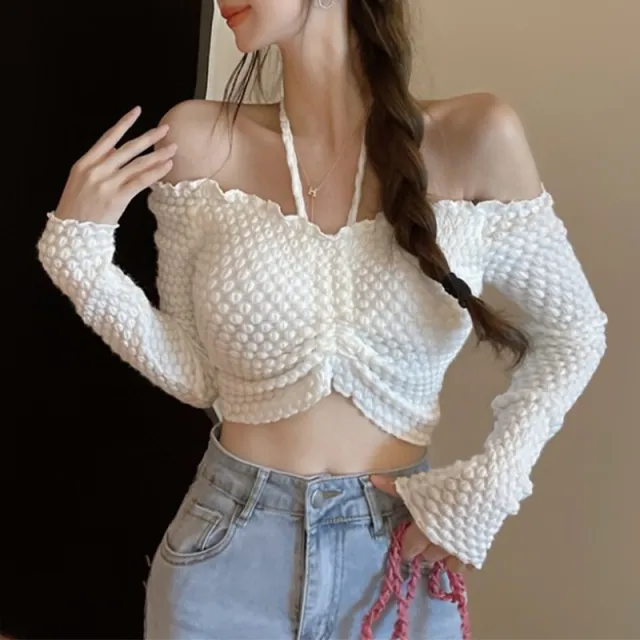 Spring Elastic Band Chest Pad Short Long Sleeved Top White - Shop at LoveMi
