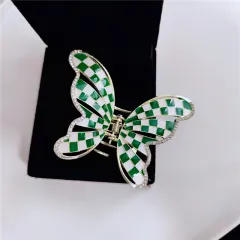 Fashion Design Pleated Black And White Checkerboard Butterfly Hair Clip - Green Checkered - View 1