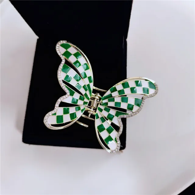 Fashion Design Pleated Black And White Checkerboard Butterfly Hair Clip Green Checkered - Shop at LoveMi