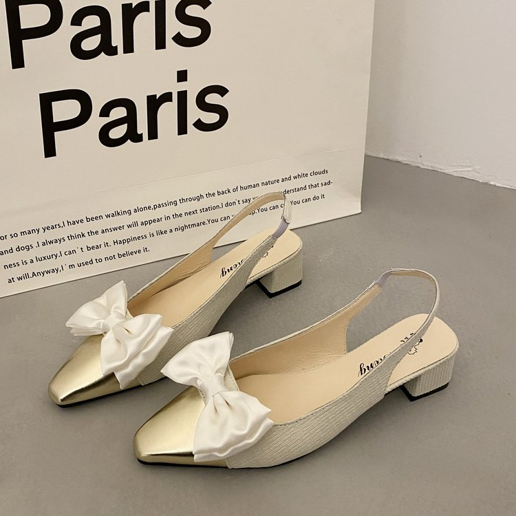 Vintage-Inspired Bow Slingback Heels With Metallic Cap Toe For Women