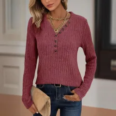 Women's Solid Color Button V-Neck Long Sleeve Knit Top - Casual Comfort Blouse For Spring&Fall - Red - View 1