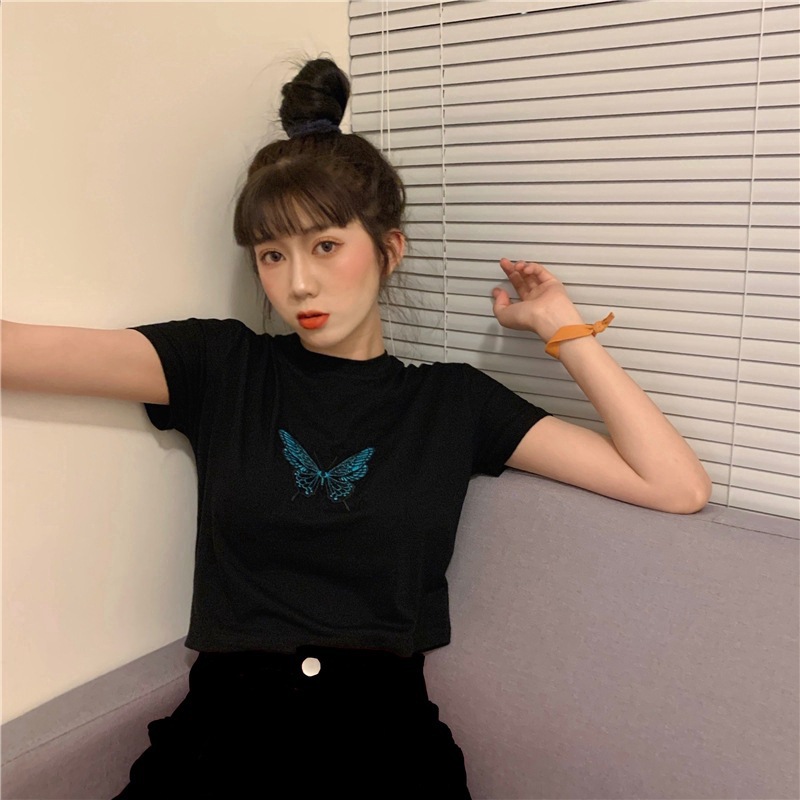 White Short-sleeved Butterfly T-shirt Women's New Summer Net Red High-waist Navel Tight-fitting Bm Short Top