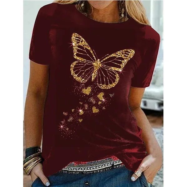 Butterfly Print Crew Neck Short Sleeve T Shirt Wine Red - Shop at LoveMi