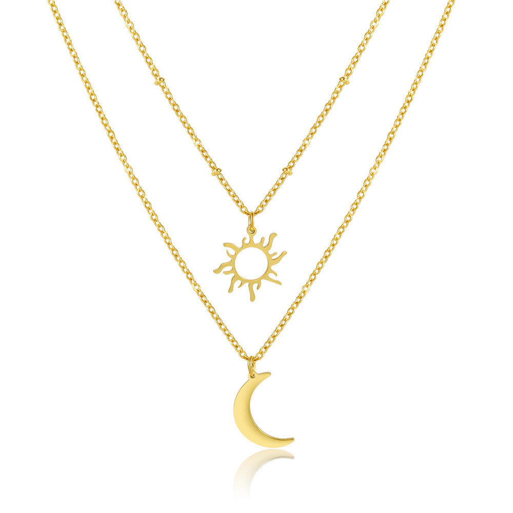 Stainless Steel Sun Moon Multilayer Necklace Clavicle Chain
