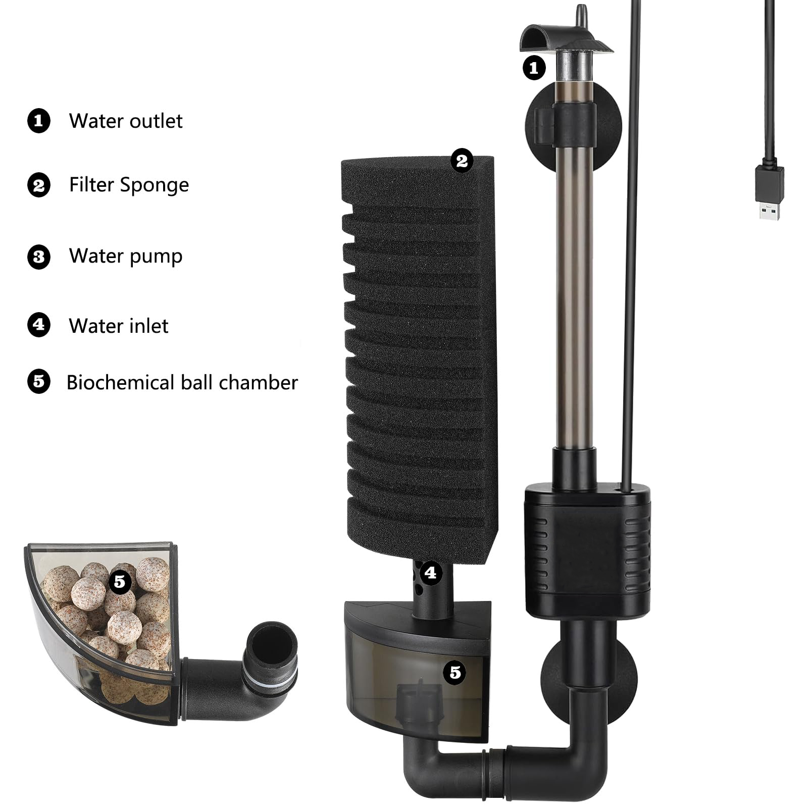 Aquarium USB Filter Sponge Fish Tank Quiet Bubble Filter With 1 Bag Of Filtered Ceramic Balls For Salt Water And Fresh Water 5