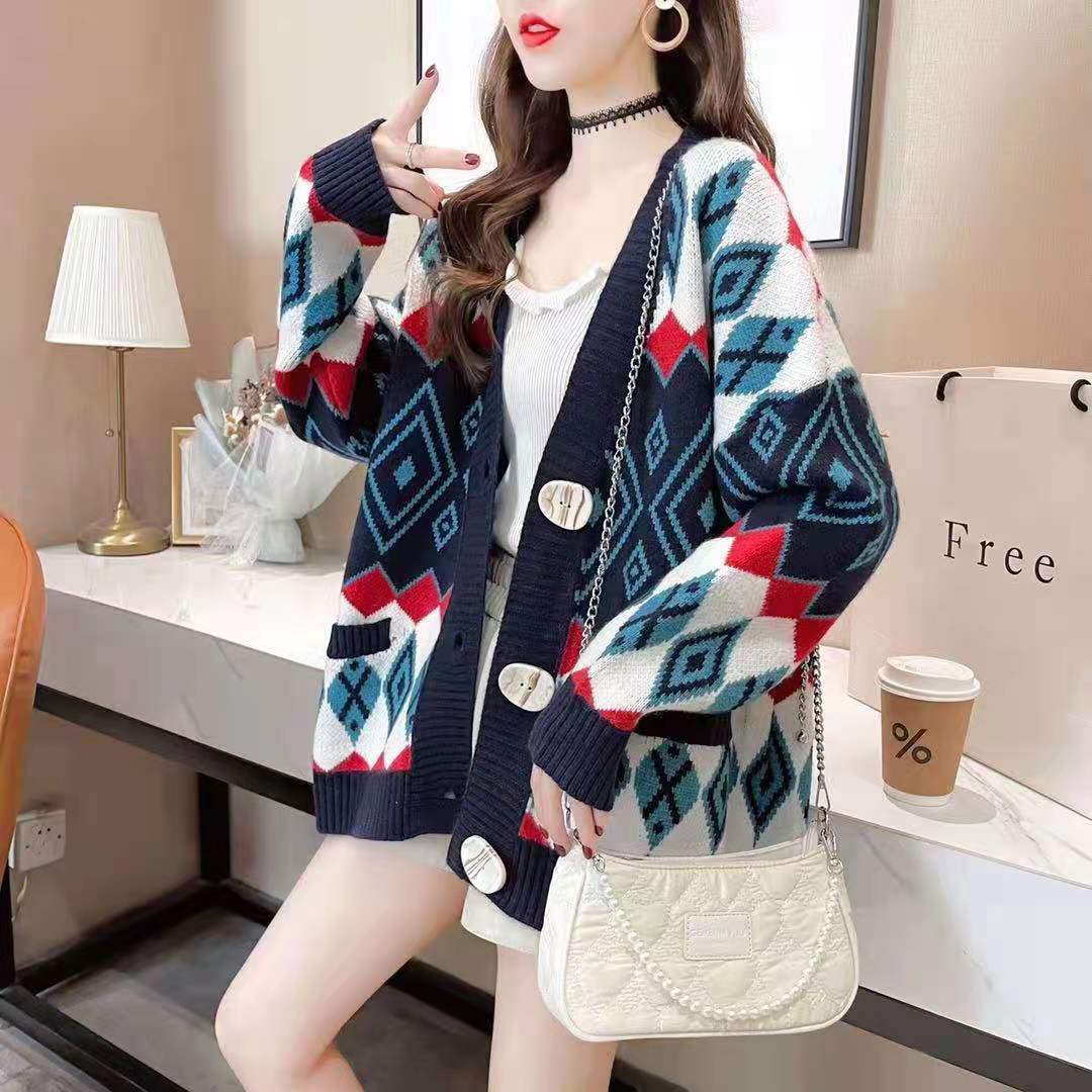 Jacquard Color-block Sweater Coat Loose Lazy Hair V-neck Knitted Cardigan