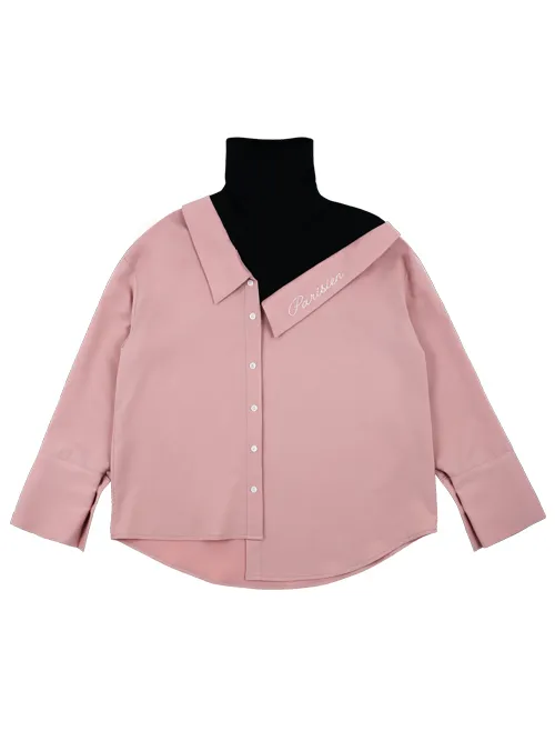 Women's Knitted Stitching High Collar Asymmetric Long sleeved Shirt Pale Pinkish Gray - Shop at LoveMi