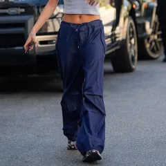 Women Vintage Street Cargo Jeans Casual Wide Leg Pants - Blue - View 1
