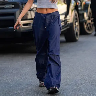 Women Vintage Street Cargo Jeans Casual Wide Leg Pants - Blue