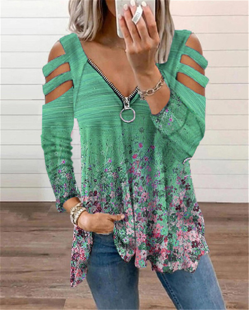 Title 2, V-neck Small Floral Zipper Long-sleeved Loose T...