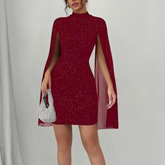 Women's Glitter Bodycon Mini Dress, Mock Neck Cloak Sleeve Cocktail Dress For Wedding Guest Party Wine - Shop at LoveMi