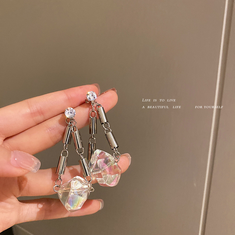 925 Silver Needle Diamond Acrylic Ice Cube Earrings