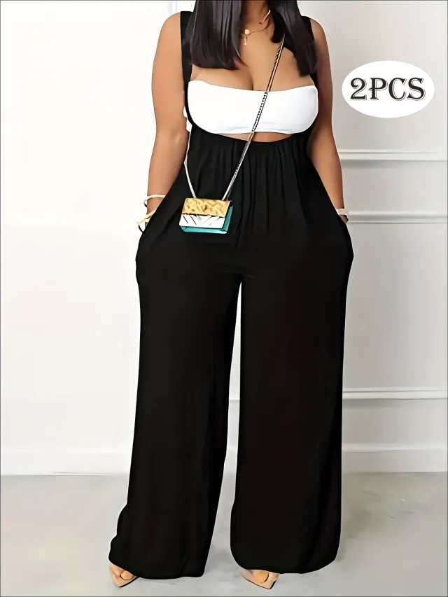 Plus Size Solid Color Pocket Overalls Casual Women's Pants Black - Shop at LoveMi