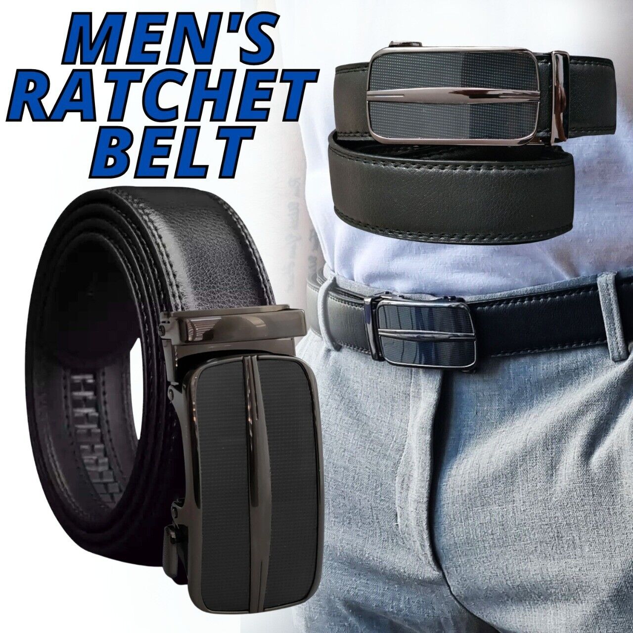 Ratchet Leather Belt with Slide Buckle shipping only inside the US, USPS First Class Package 2 Day Handling, 2-5 Day Shipping. Microfiber PU Leather Ratchet Belt Belts For Men Adjustable Size with Automatic Slide Buckle No Holes by SHAVIT. Ratchet Closure