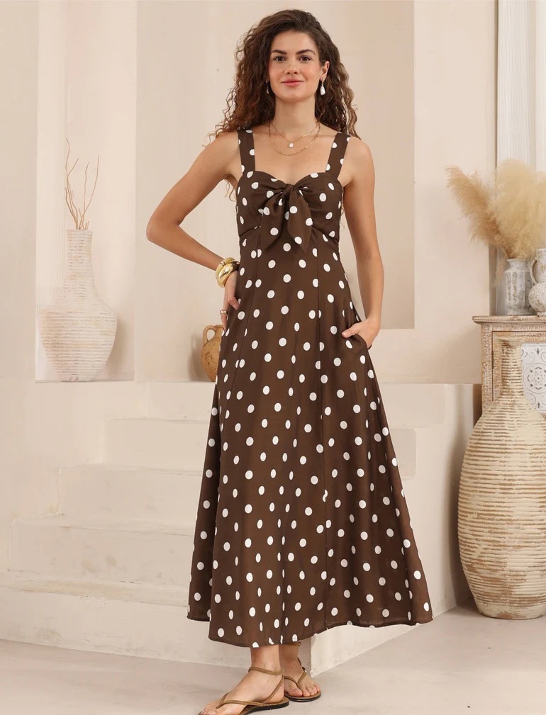 Coffee Polka Dot Bow Front Maxi Dress, Retro Sleeveless Vacation Dress