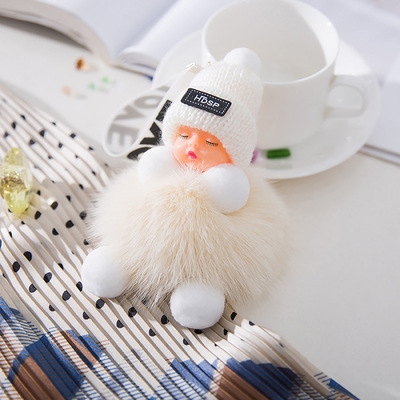 Fox Fur Fur Pendant Sleeping Baby Backpack Fur Pendant Jewelry Key Bag Bag Pendant Beige - Shop at LoveMi