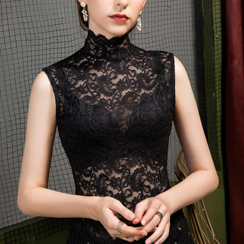 New Standing Collar Lace Bottom Top For Women's Tank Top Slimming Black - Shop at LoveMi
