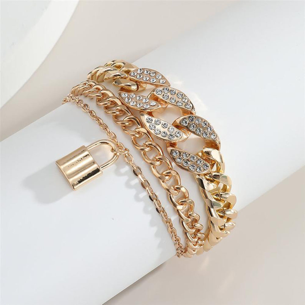 Multi-layer Micro Diamond Lock Pendant Bracelet