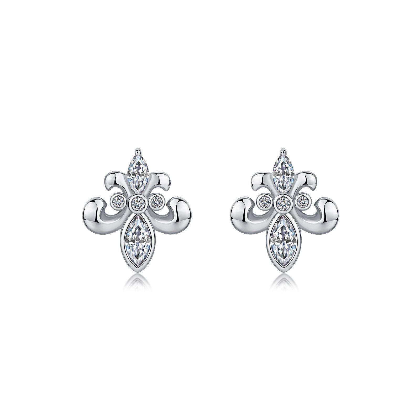 S925 Sterling Silver Fleur-de-lis Stud Earrings, D-VVS1 Moissanite Marquise Cut,