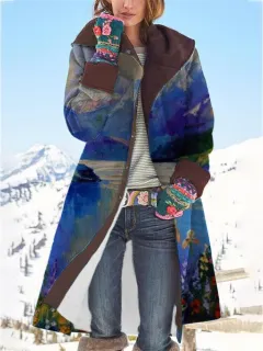 Medium Length Printed Top Long Sleeve Woolen Coat - Colorful Blue - View 1