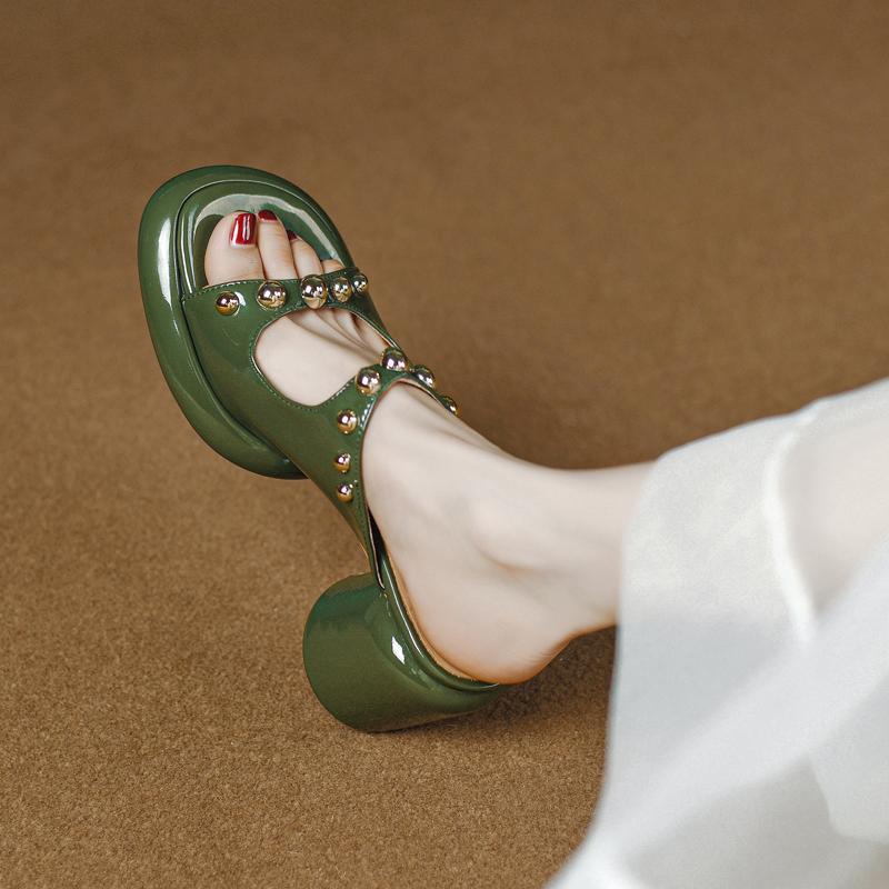 Title 3, Waterproof Platform Thick Heel Green Rivet Sand...