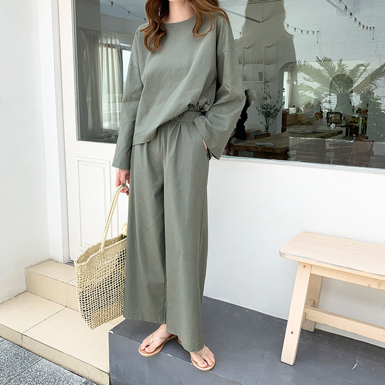 Loose Simple Linen Cotton Round Neck Long Sleeves