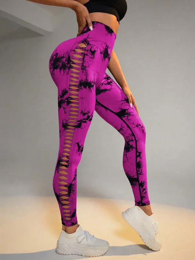 Hollow Tie Dye Printed Yoga Pants High Waist Butt Lift Seamless Sports Gym Fitness Leggings Slim Pants For Women Tight Trousers Dark Rose Red - Shop at LoveMi