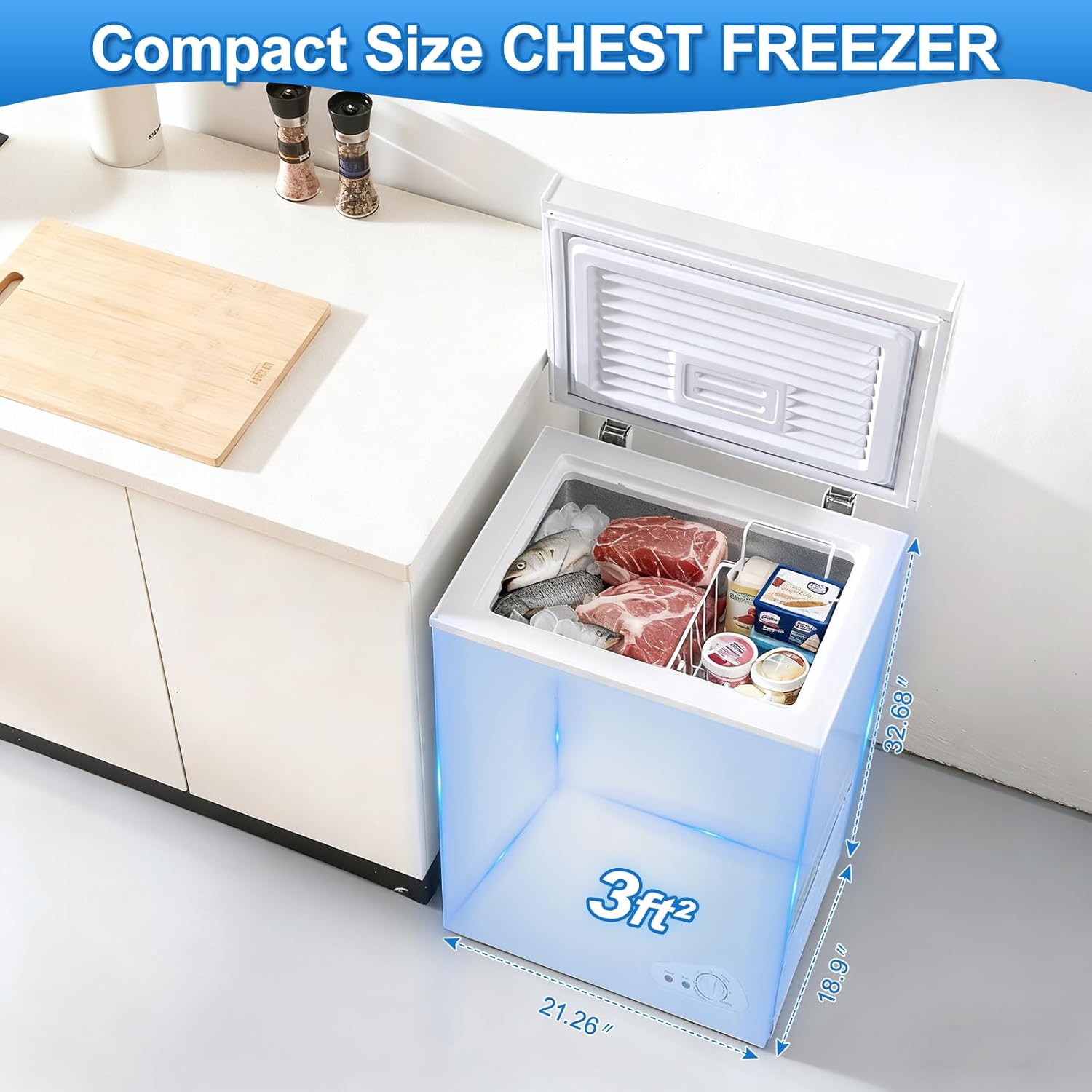 3.5 Cu.Ft Small Chest Freezer Compact Deep Freezer With 7-Level Temperature Control, Rapid Cooling, Energy Efficient & Quiet For Home, Garage, Apartment, And Kitchen, White
