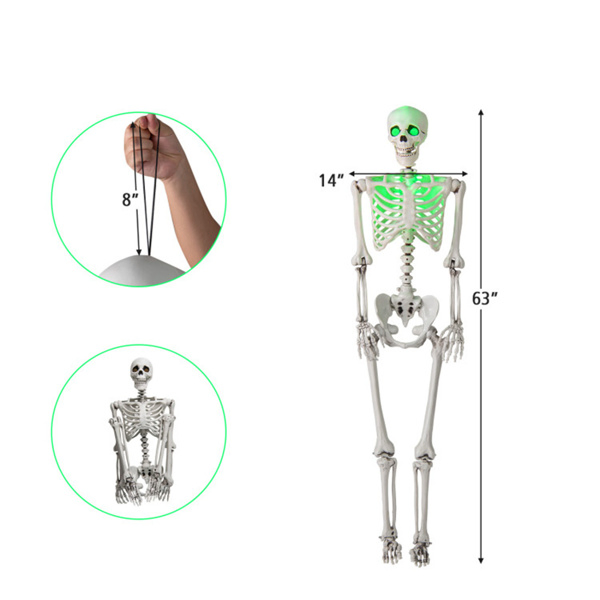 5.5ft Life-Size Pre-Lit Halloween Skeleton - Built-In Green LED Lights (Eyes/Chest), Fully Poseable Joints, PP+PE Material-15