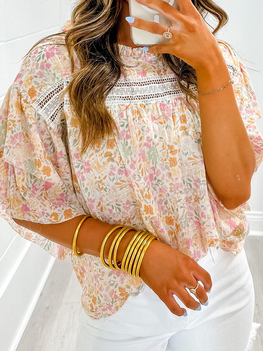 Title 5, Camisa feminina de chiffon com gola redonda e e...