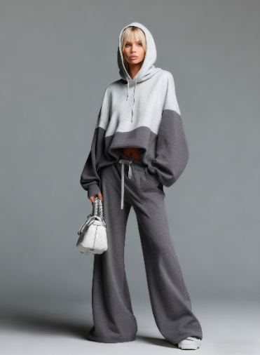 Ensemble deux pièces sweat à capuche color-block et pantalon large