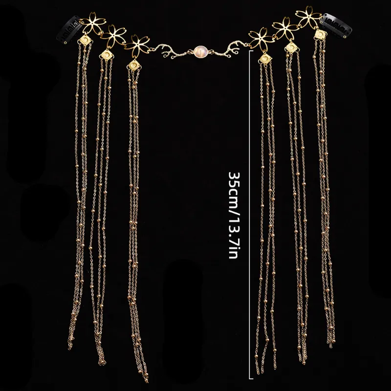 Long Tassel Waterdrop Rhombus Headband Retro Handmade Fringe Face Curtain - Gold