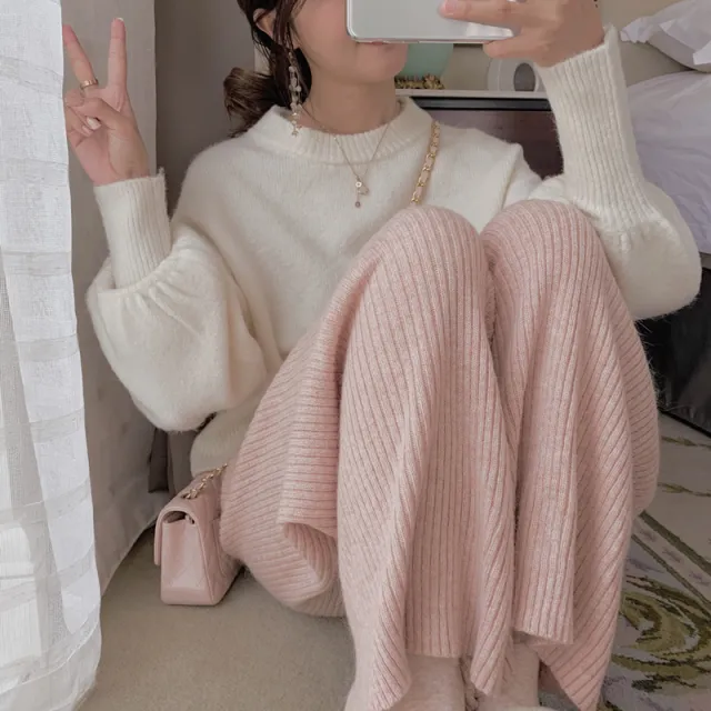 Knit Wide Leg Pants Women Autumn And Winter Korean Retro Wild Wool Pink - Shop at LoveMi