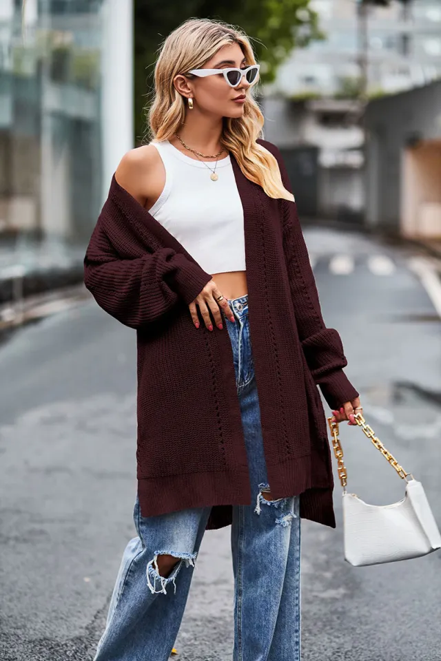 Women's Loose Sweater Coat With Pocket Solid Color Outerwear Wine - Shop at LoveMi