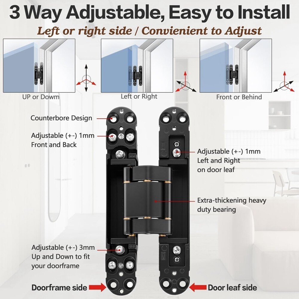 2Pcs Concealed Door Hinges Adjustable 3D Hindden Butt Hinges Heavy Duty For Door